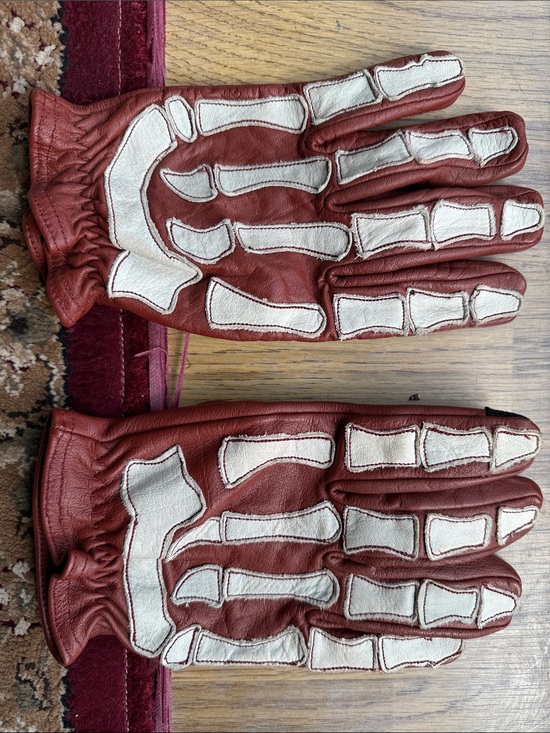 Maroon Bell Other - Men's Red Leather Gloves with White Skeleton Stitch Detail